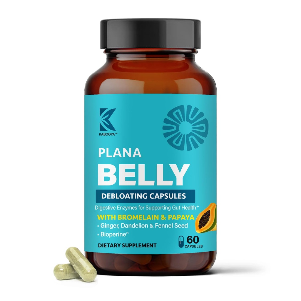 Plana Belly Debloating Supplement – Digestive Enzymes for Bloating & Gas Relief with Bromelain, Ginger, Fennel & Dandelion Root – Gut Health Support for Women & Men – 60 Capsules