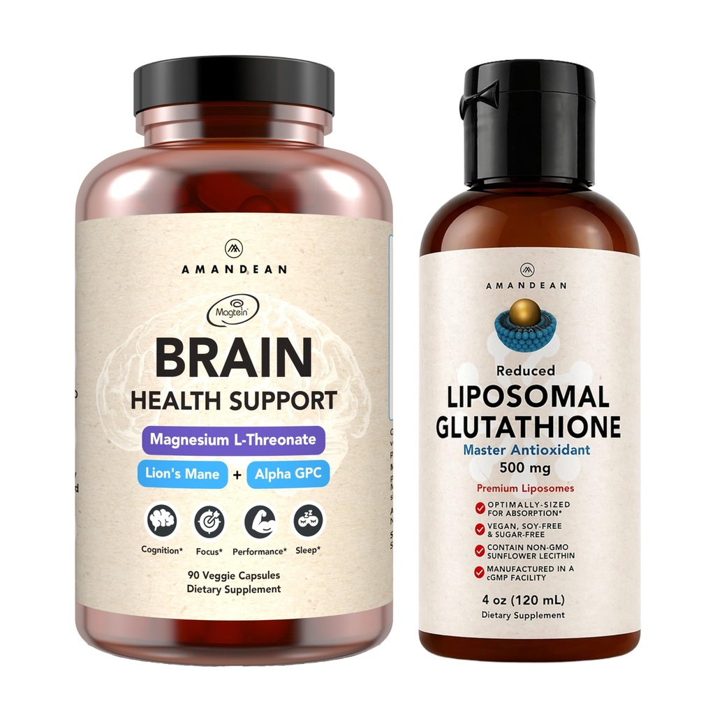 AMANDEAN Premium Brain Health Supplement & Liposomal Glutathione Bundle. Τριπλή Φόρμουλα με Μαγνήσιο L-Θρεονικό, ΗΠΑ-Grown Organic Lion’s Mane 6:1 Extract, και Alpha-GPC.