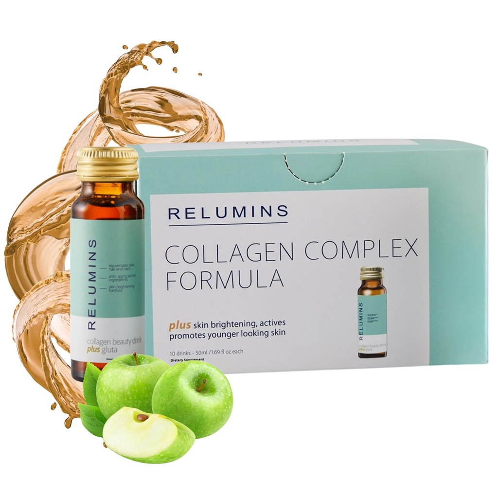 Relumins Advanced Collagen Beauty Drink with Glutathione, Hyaluronic Acid & Antioxidants - Μετακαλοκαιρινή αποκατάσταση δέρματος & Made in USA - Apple Flavor - 10 μπουκάλια x 50mL