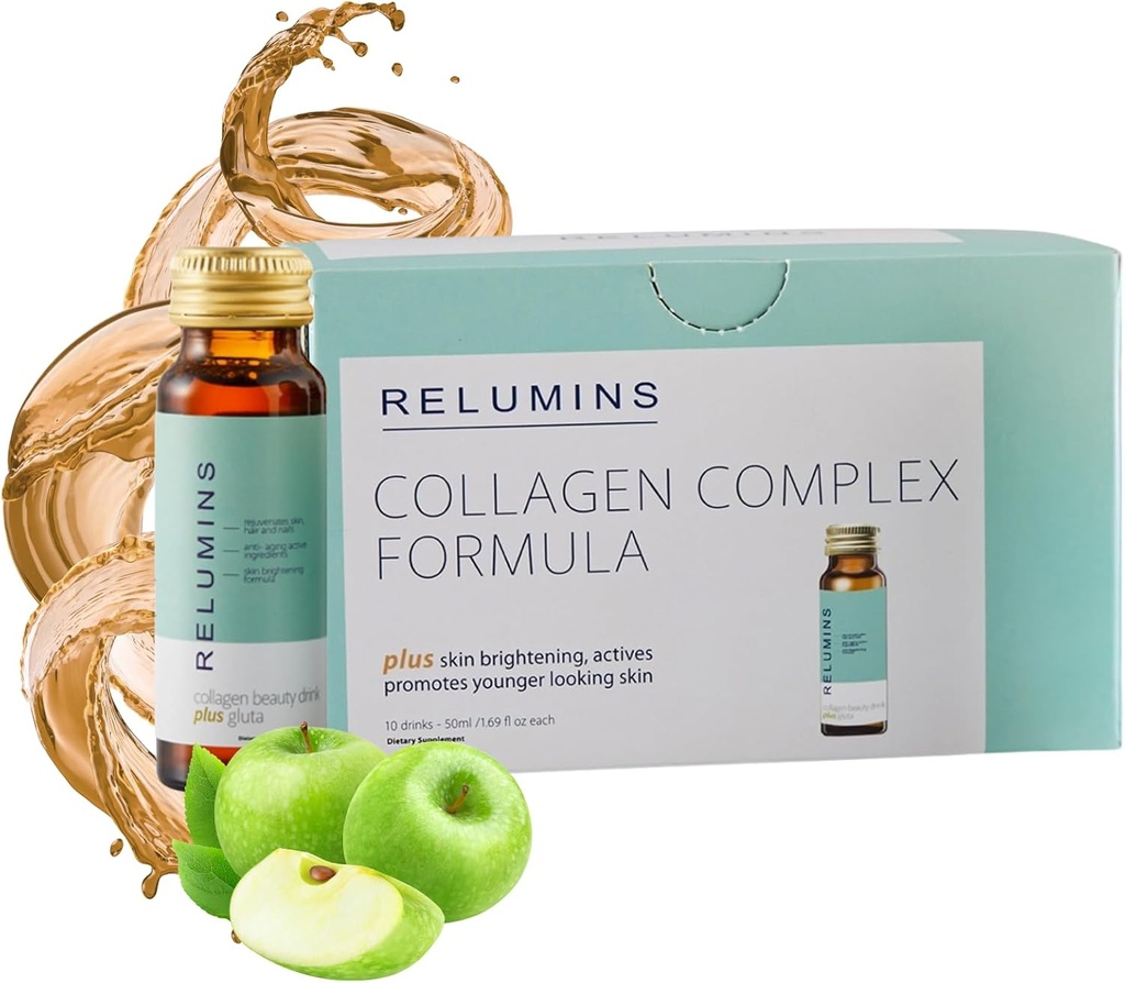 Relumins Advanced Collagen Beauty Drink with Glutathione, Hyaluronic Acid & Antioxidants - Post-Summer Skin Recovery & Made in USA - Apple Flavor - 10 Bottles x 50mL
