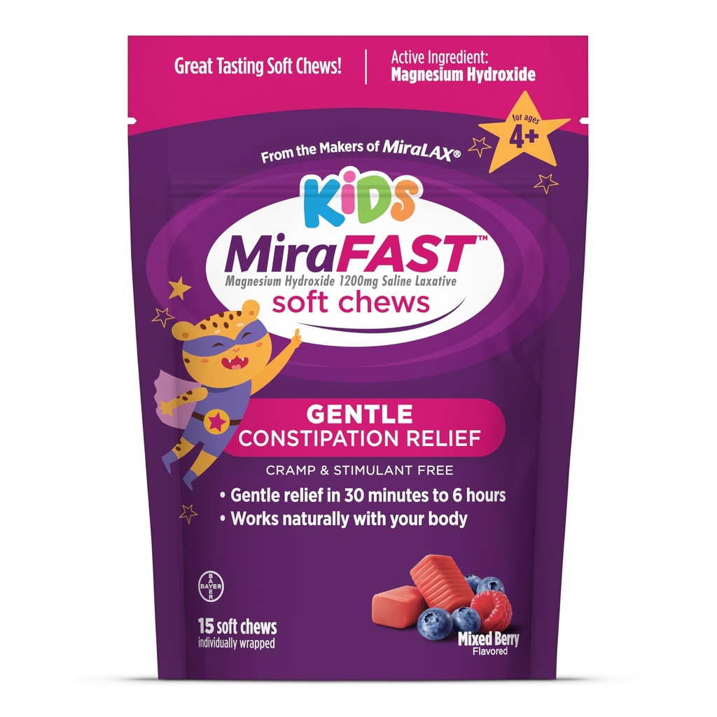 MiraFAST Kids Soft Chews, from The Makers of MiraLAX, Gentle Constipation Relief for Kids 4+ and Adults, Fast Acting Saline Laxative, Stimulant Free Saline Laxative, Mixed Berry Flavor, 15ct