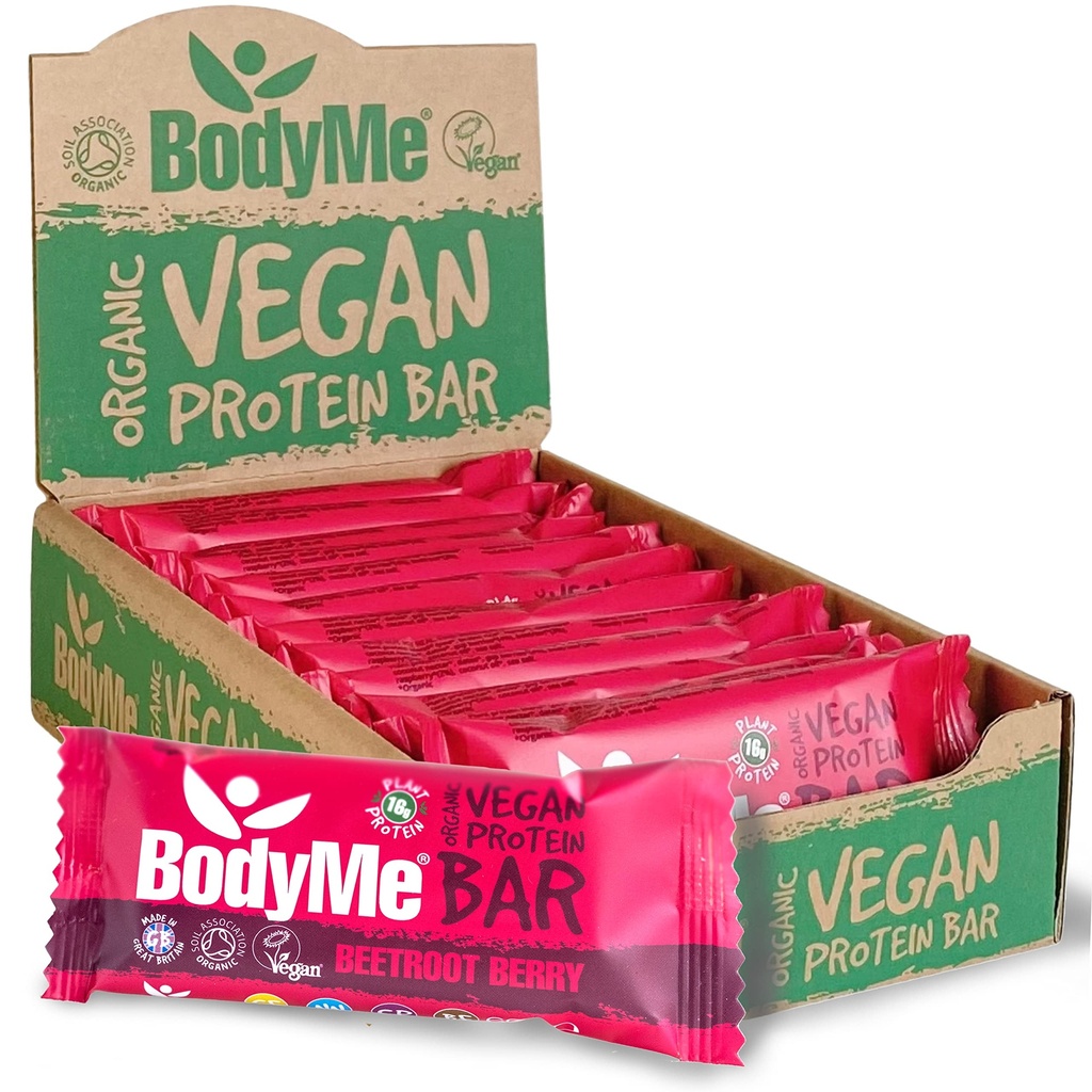 BodyMe Organic Vegan Protein Bar | Raw Beetroot Berry | Box of 12 x 2.12oz (60g) | with 3 Plant Proteins