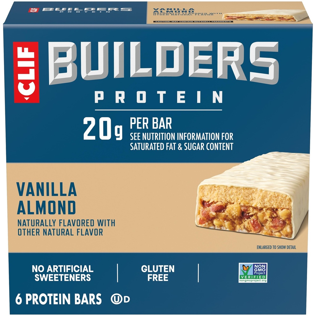 CLIF BUILDERS Protein Bars - Vanilla Almond Flavor - 20g Plant Based Protein - Gluten Free - Non-GMO - Low Glycemic - No Artificial Sweeteners - 2.4 oz. (6 Pack)
