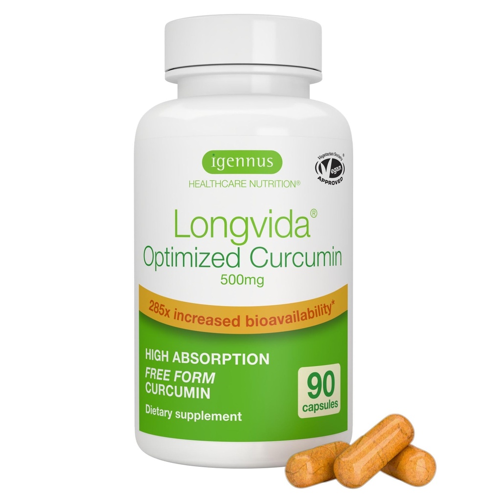 Igennus Longvida Curcumin 500mg – High Absorption ‘Free’ Curcumin, 65x Higher Plasma Levels, Sustained Release (7hr Half-Life), Brain & Cognitive Support, Vegan, 90 Capsules