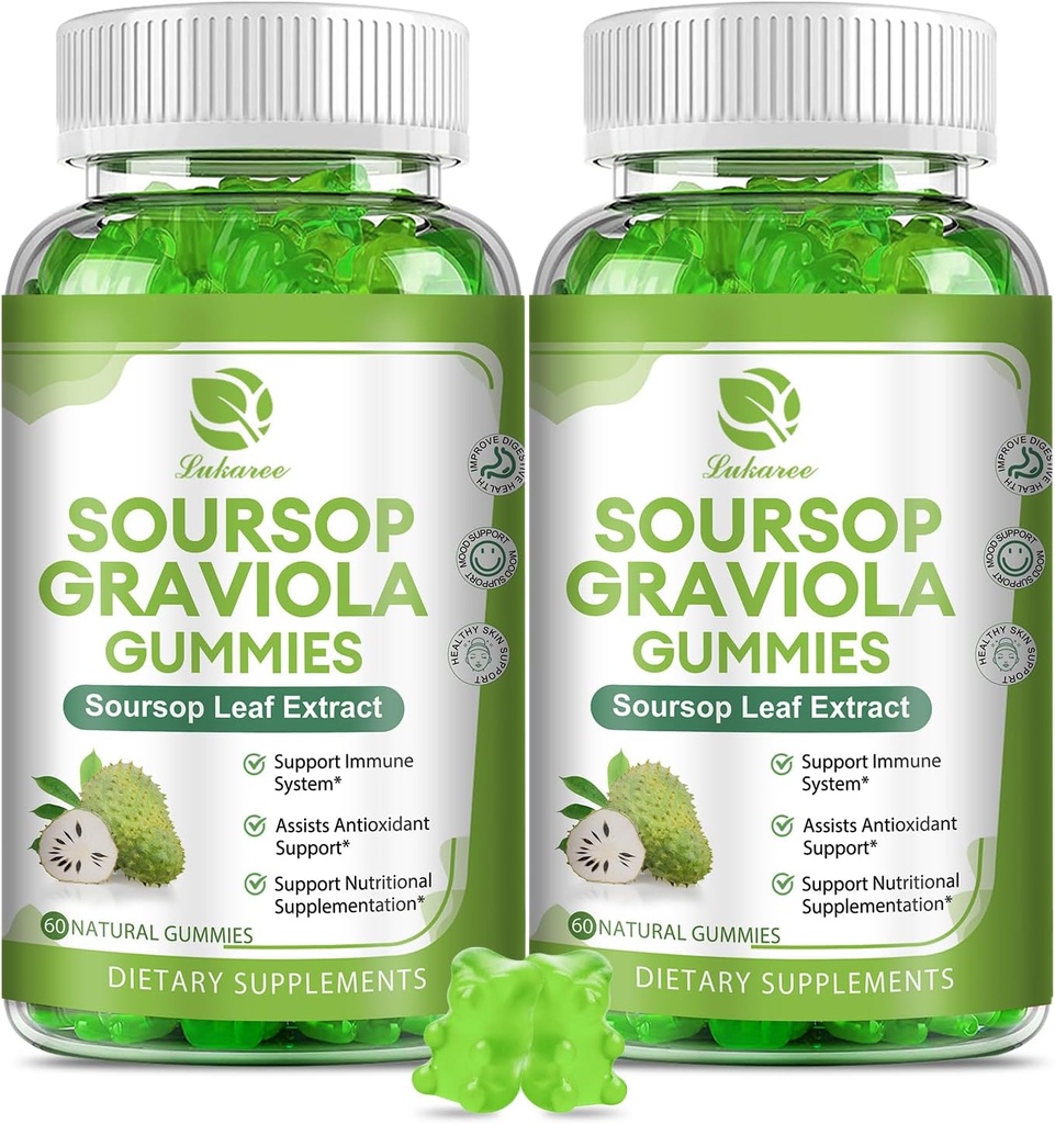 (2 Pack) Soursop Graviola Gummies - Φύλλα Soursop Extract w/Vitamin C, Ψευδάργυρος & Ολόκληρη Φυσική Τροφή για Ανοσία, Ήπαρ, Zzz & Αντιοξειδωτικό, Χωρίς Γλουτένη, Vegan, 120 Gummies