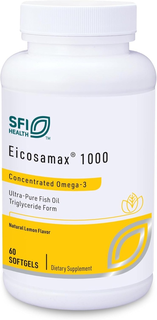 Klaire Labs SFI Health Eicosamax 1000 TG Fish Oil - 1000 mg EPA/DHA per Soft Gel, Ultra Pure Omega-3 Fish Oil Pills - Sustainablely Soured - Natural Lemon Flavor for No Fishy Burps (60 Softgels)