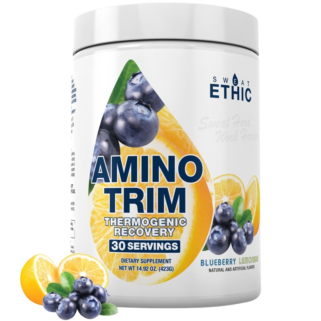 Sweat Ethic Amino Trim, Pre Workout Powder with Amino Acids for Men & Women, 7.5 G EAAS with Electrolytes for Hydration & Energy, Stimulant Free, Sugar Free, Blueberry Lemonade Flavor, 30 Servings