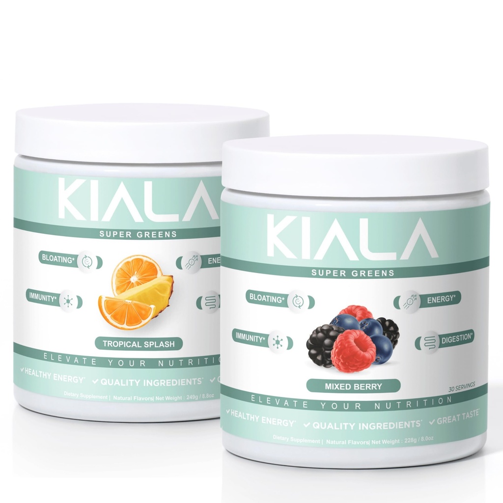Διατροφή Kiala Super Greens, Βιολογικά Πράσινα Σκόνη, Spirulina & Chlorella Superfood Σκόνη, Ζάχαρη & Γλουτένη Χωρίς Vegan, Spectra Blend, Tropical Slush, Μικτή Berry 2 Συσκευασία