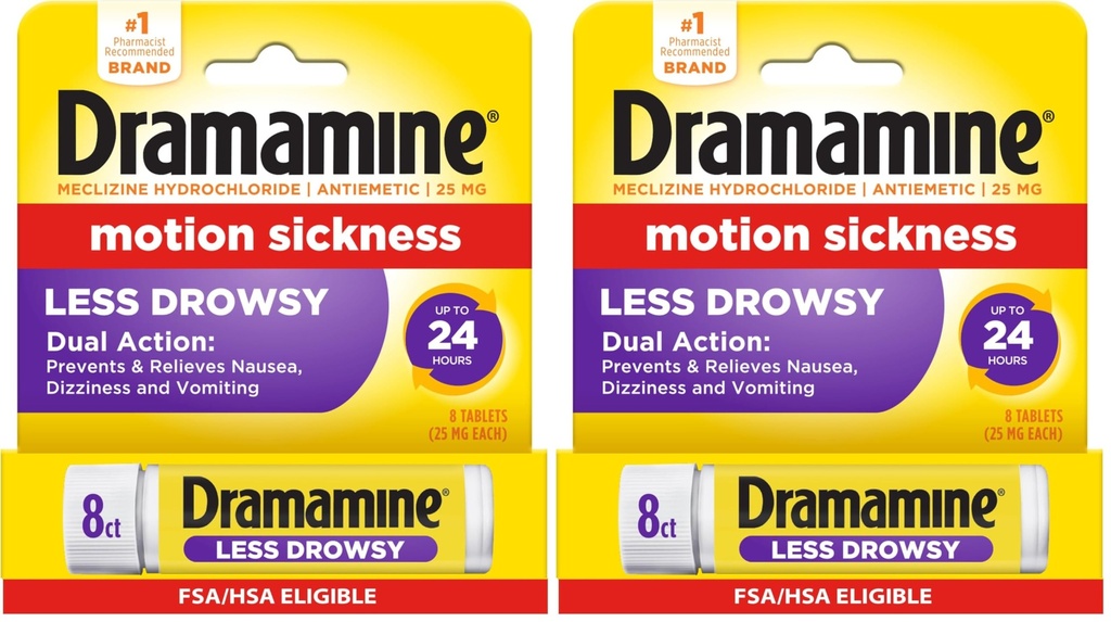 Dramamine Motion Sickness Relief Less Drowsey Formula, 8 Count (Pack of 2)