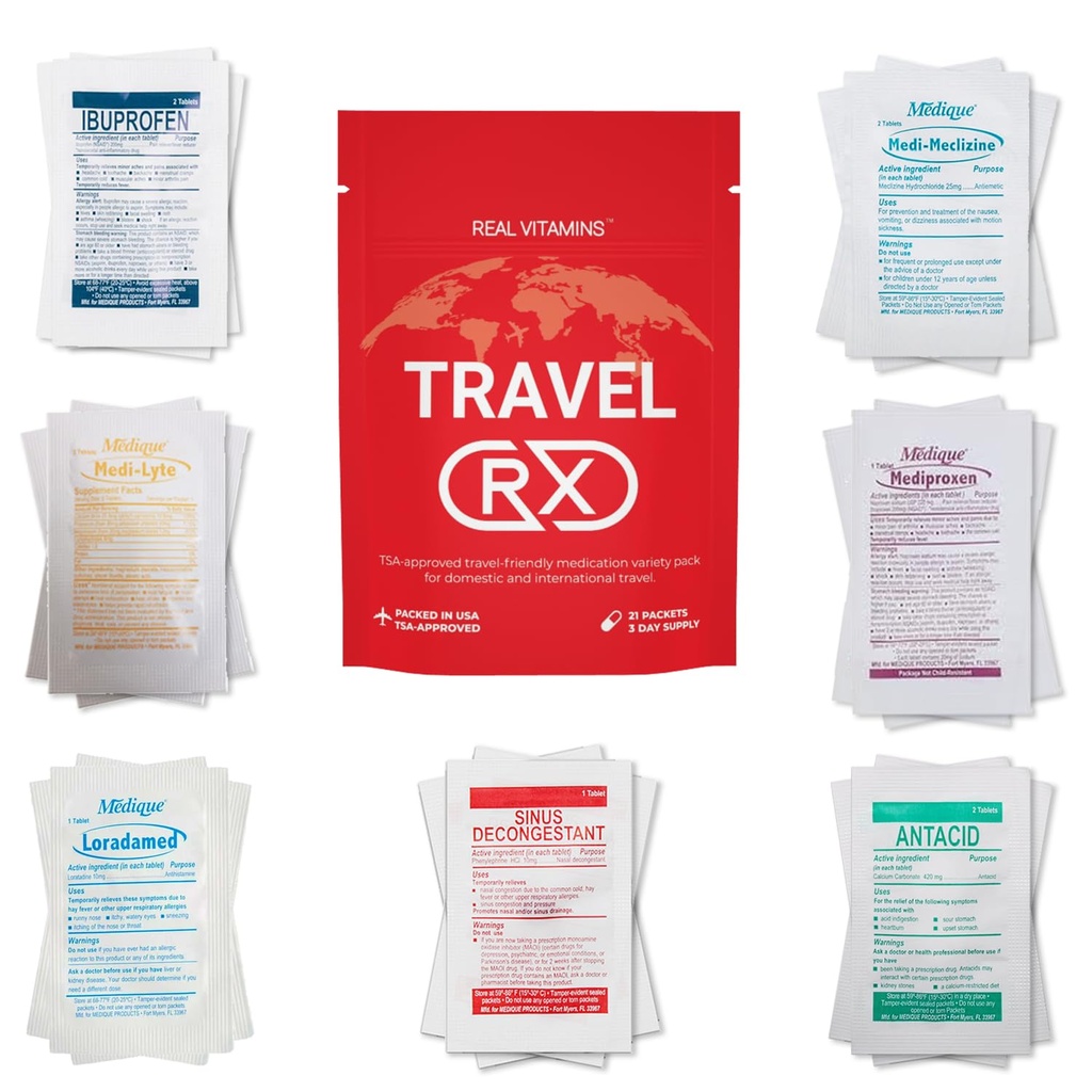 Travel RX - 105 PCS TSA-Approved Travel Medicine Variety Pack with Resealable Bag | Travel Essential OTC Medicine Pack by Real Vitamins (5 Kits)