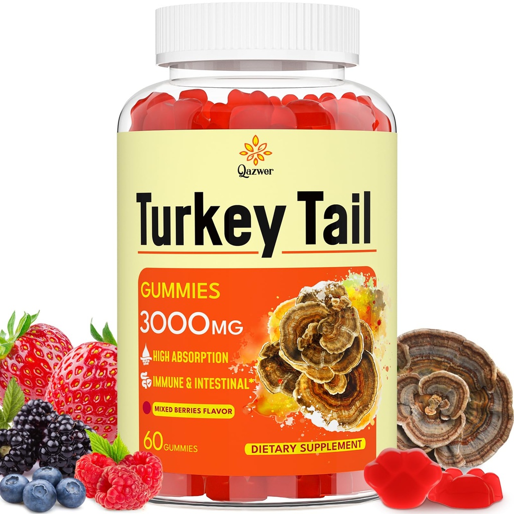 Turkey Tail Mushroom, Turkey Tail (100% Fruiting Body, 40% Beta Glucans) add Black Pepper, Mushroom Gummies for Gut, Energy, Brain & Immune Support, Mixed Berries Flavor 