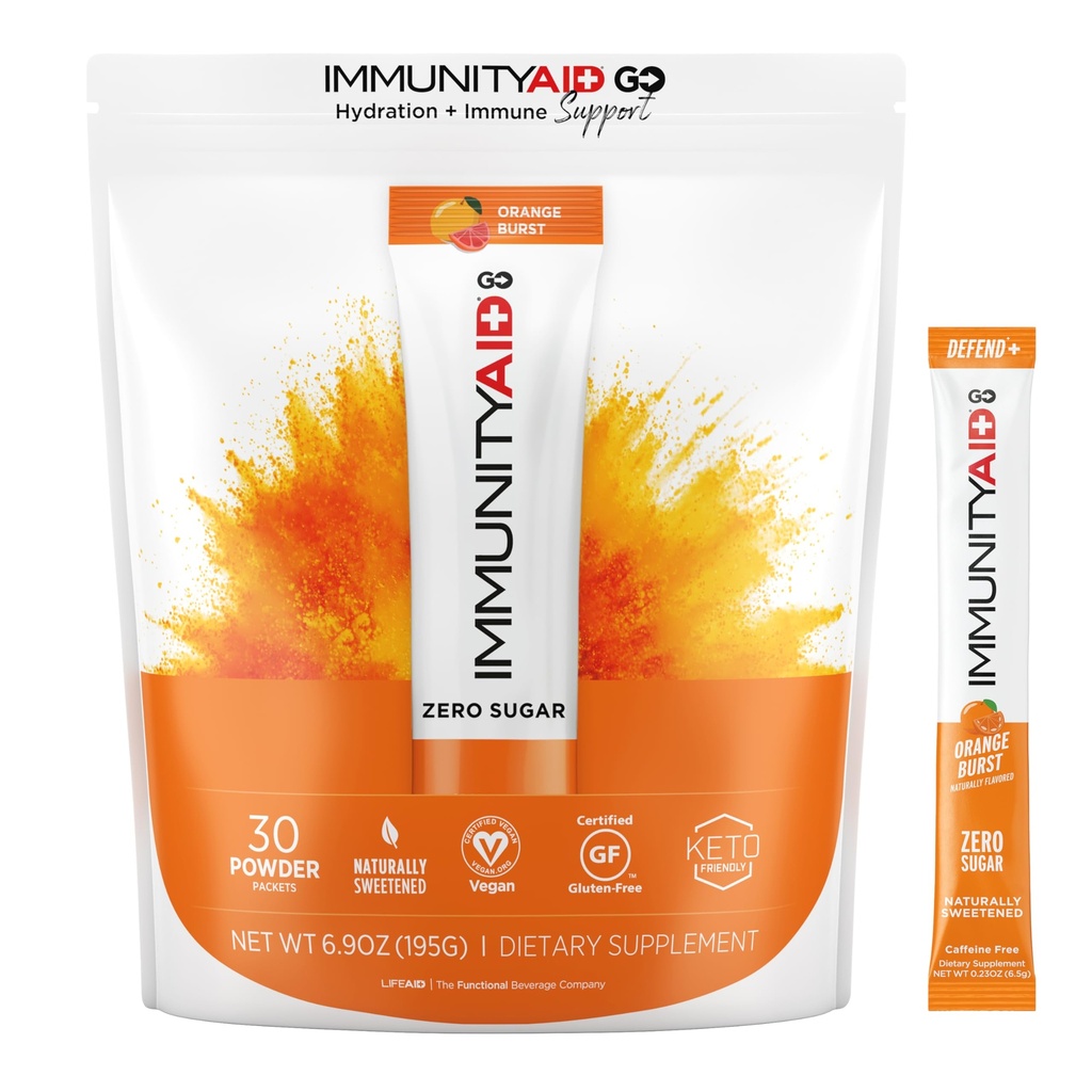 Immunity AID GO! Zero Sugar Immunity + Hydration Packet, Vitamin C, Echinacea, Zinc, Astragalus Root, Vegan & Gluten-Free, Naturally Sweetened, No Caffeine, 30 Count (Pack of 1)