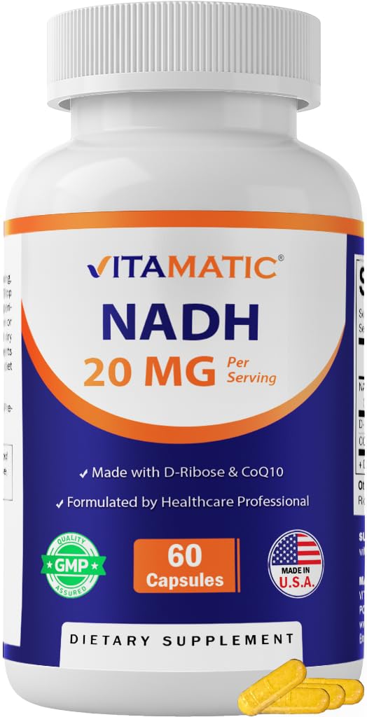 Vitamatic NADH 20mg with D-Ribose & CoQ10 – 60 Capsules, B-Nicotinamide Adenine Dinucleotide, Non-GMO, Gluten Free