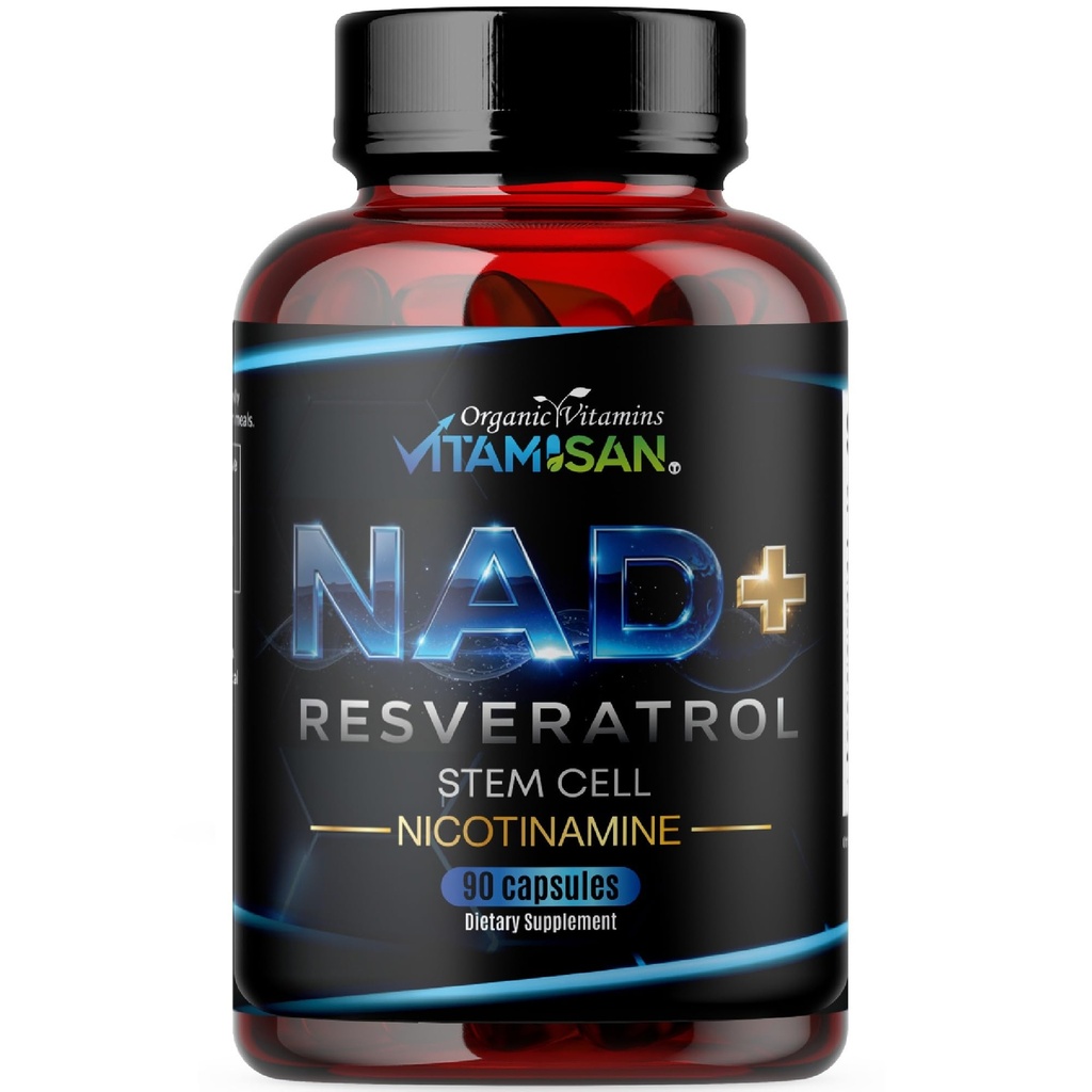VITAMISAN NAD+ Resveratrol with NMN, NR & CoQ10 – Cellular Energy Support, Anti-Aging & Antioxidant Formula – Stem Cell & Nicotinamide Supplement – 90 Capsules (1 Bottle)