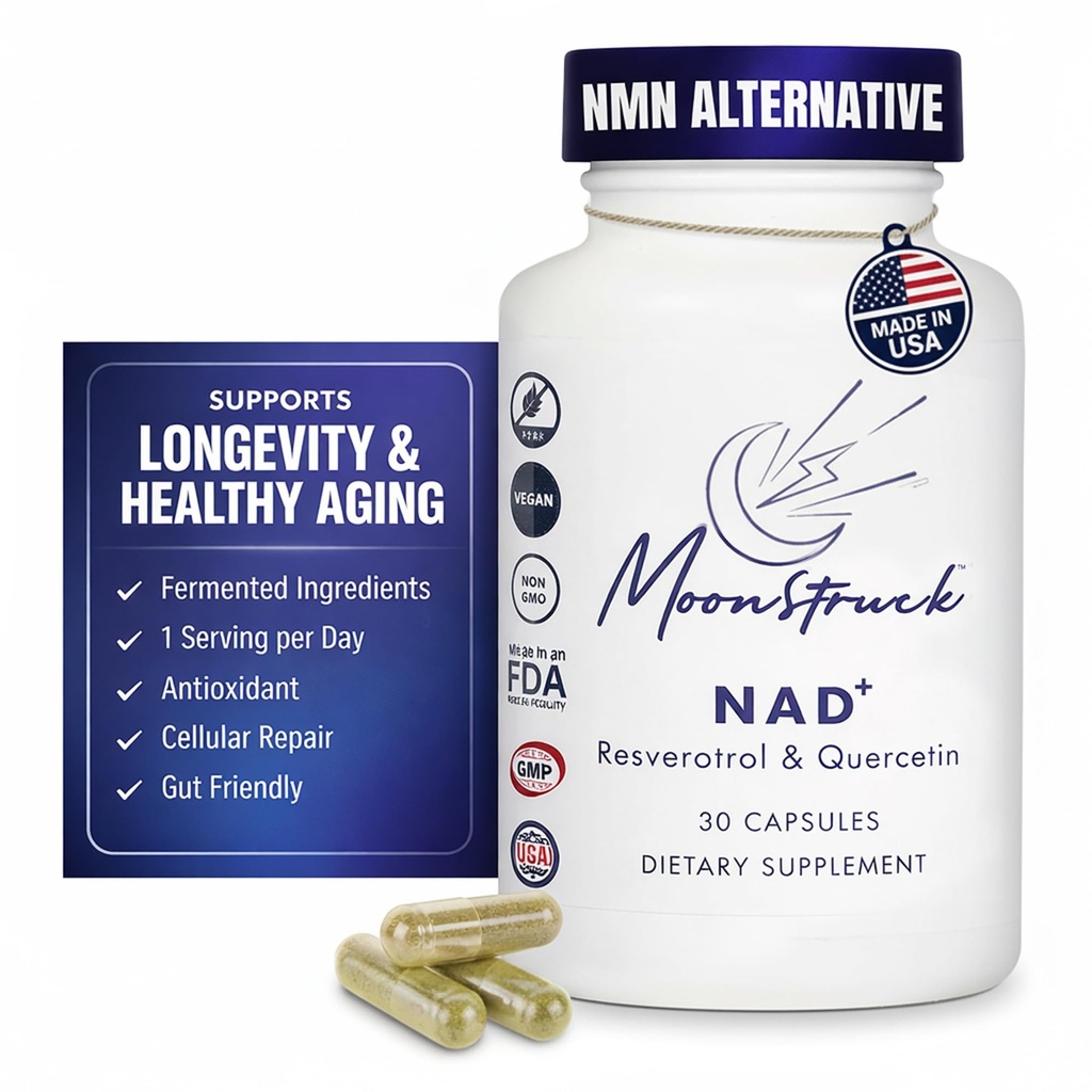 Fermented NAD Supplement - with Resveratrol & Quercetin Support Anti Aging, Longevity, 30 Capsules NAD Resveratrol Supplements, NAD+ Supplement | Third Party Tested, Vegan Safe, Non-GMO