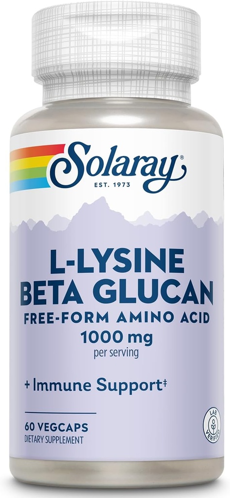 SOLARAY L-Lysine με Beta Glucan, δωρεάν μορφή Amino Acid, L-Lysine 1000mg κάψουλες, συμπλήρωμα υποστήριξης ανοσοποιητικών, υγιούς δέρματος και χειλιών υποστήριξη, 60 ημερών εγγύηση, εργαστήριο Επαληθευμένο, 30 υπηρεσίες, 60 VegCaps