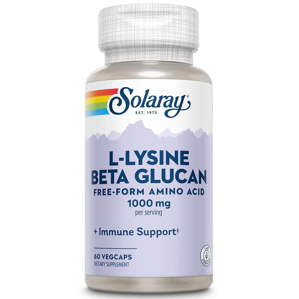 SOLARAY L-Lysine με Beta Glucan, δωρεάν μορφή Amino Acid, L-Lysine 1000mg κάψουλες, συμπλήρωμα υποστήριξης ανοσοποιητικών, υγιούς δέρματος και χειλιών υποστήριξη, 60 ημερών εγγύηση, εργαστήριο Επαληθευμένο, 30 υπηρεσίες, 60 VegCaps