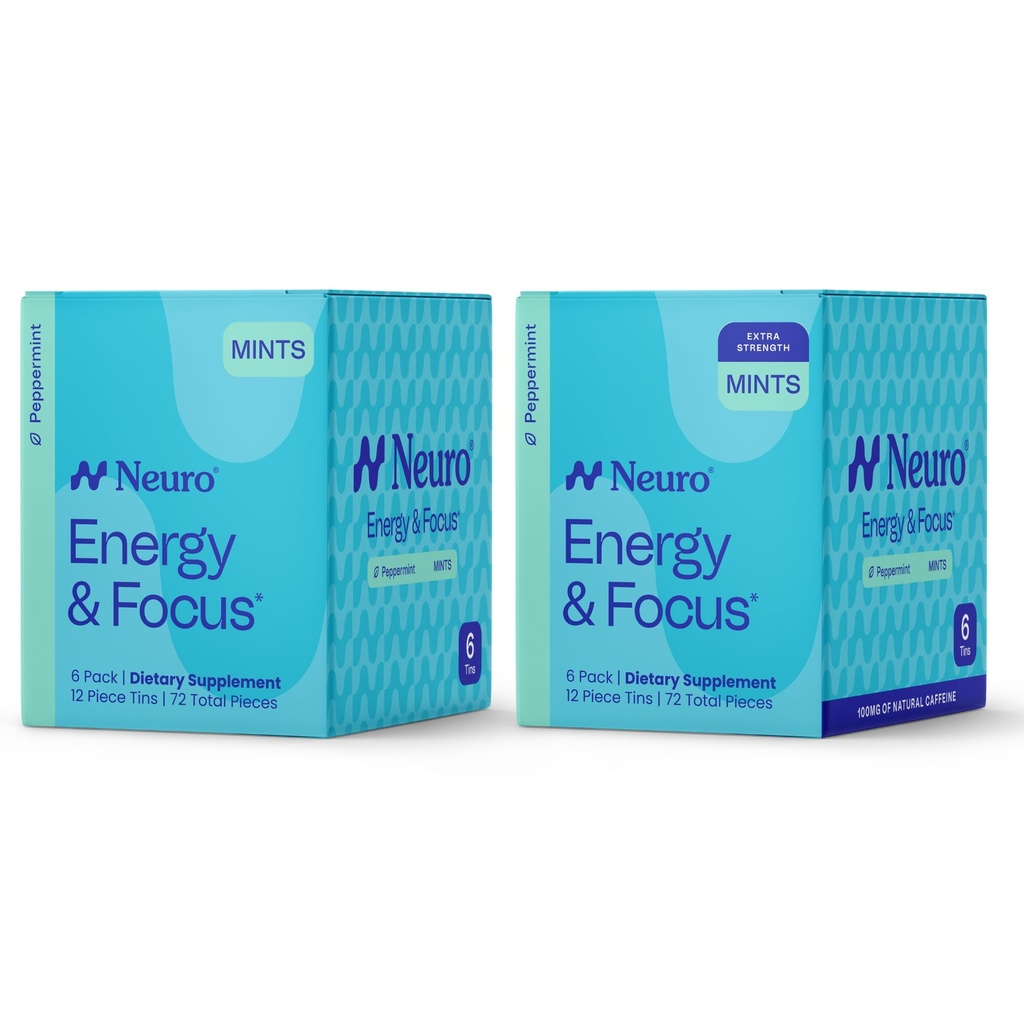 Neuro Energy & Focus Mints Bundle – Original (72 Count 6‑Pack) + Extra Strength (72 Count), Peppermint Flavor – Sugar‑Free Nootropic Cognitive Supplement with Natural Caffeine, L‑Theanine & B12/B6