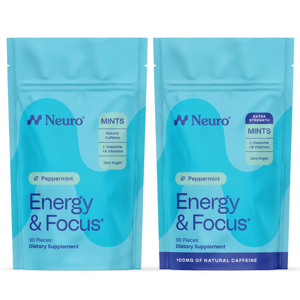 Neuro Energy & Focus Mint Set – Original (90ct) + Extra Strength (90ct), Peppermint Flavor – Sugar-Free Nootropic Supplement with Natural Caffeine, L-Theanine, B12 & B6