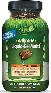 Irwin Naturals Only One Liquid-Gel Multi with Iron - 60 Liquid Softgels - Daily Essential Vitamins, Minerals, Antioxidants, Omega-3s & Green Super Foods