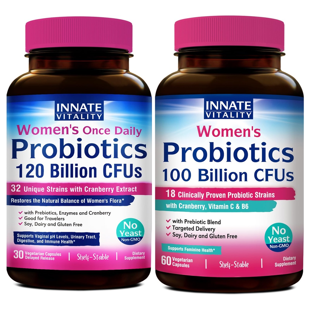 Innate Vitality Women's Probiotic Wellness Bundle | Advanced Gut & Intimate Health Support | Probiotics with Prebiotics, Multiple Strains | Cranberry, Vitamin C & B6 | Non-Refrigerated Daily Care