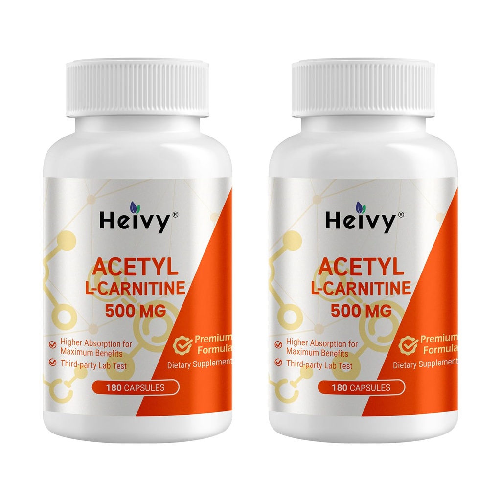 Heivy Acetyl L-Carnitine 500 mg (2 Pack), Amino Acid, Suppots Brain & Nerve Health, Non-GMO, Gluten-Free,180 Capsules