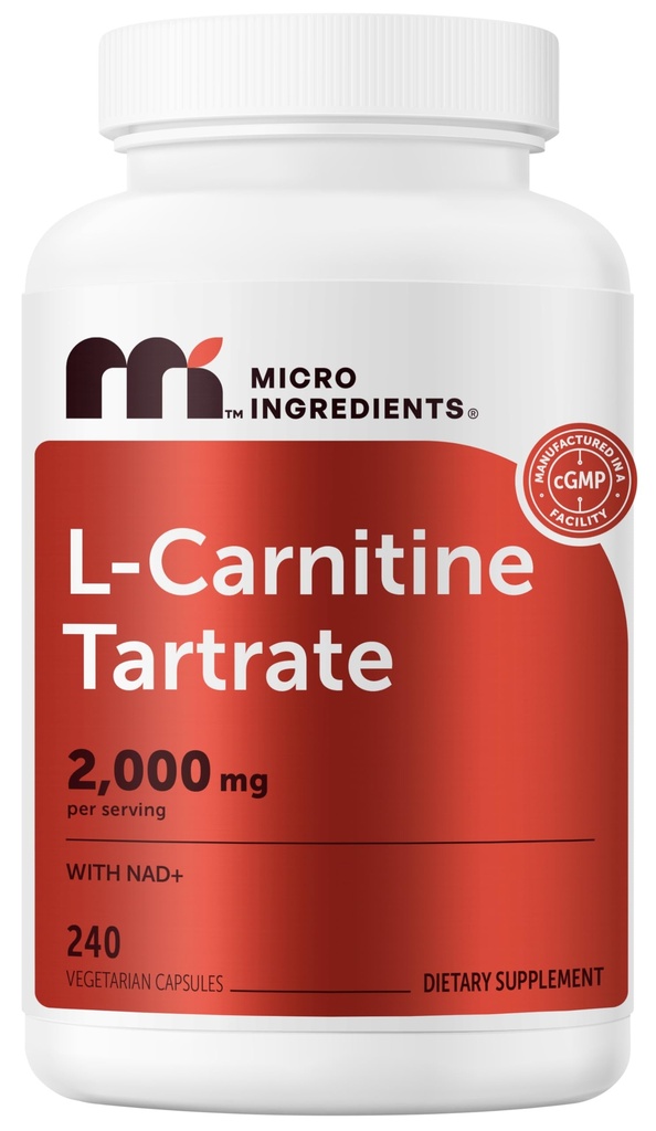 Micro Ingredients L-Carnitine Tartrate 2,000 mg, 240 Vegetarian Capsules | L-Carnitine Supplement with NAD+ | Non-GMO, Gluten Free