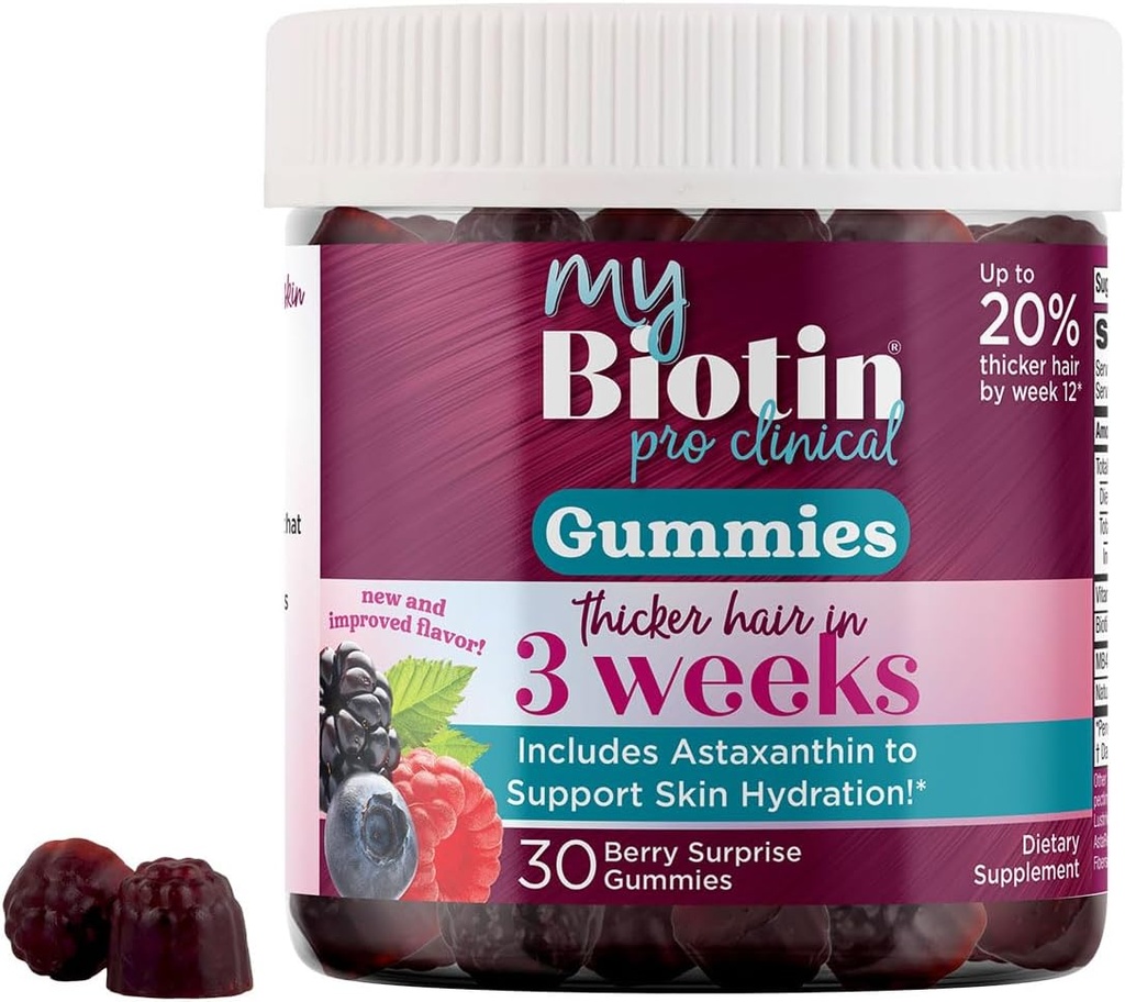 Προϊόντα καθαρότητας MyBiotin ProClinical Gummies - Thicker μαλλιά Ξεκινώντας σε 3 εβδομάδες & Πάλη ρυτίδες - MB40X Biotin Matrix w/Astaxanthin - 40X More Soluble vs Συνηθισμένη Biotin 30 Berry Gummy Chews