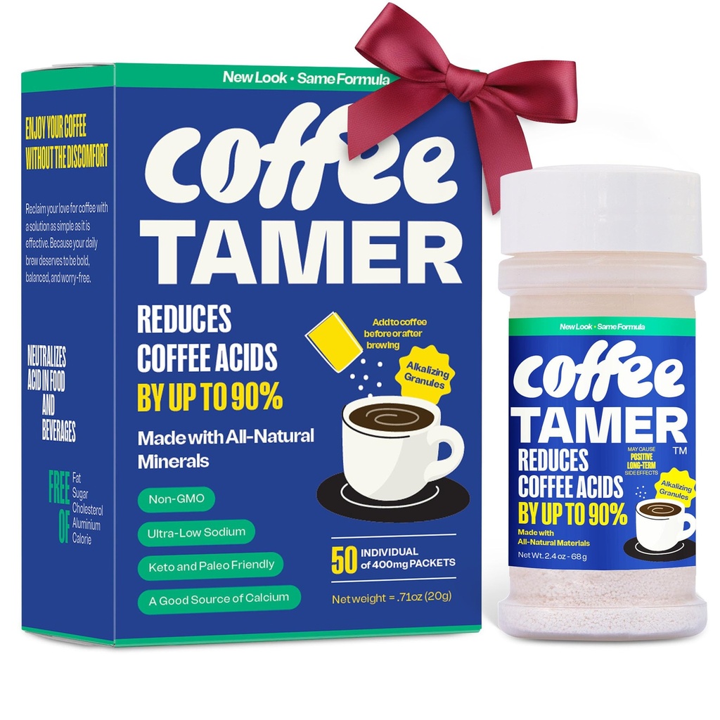 Coffee Tamer Coffee Acid Reducing Granules 50 Pack Box and 2.4oz Shaker Bottle