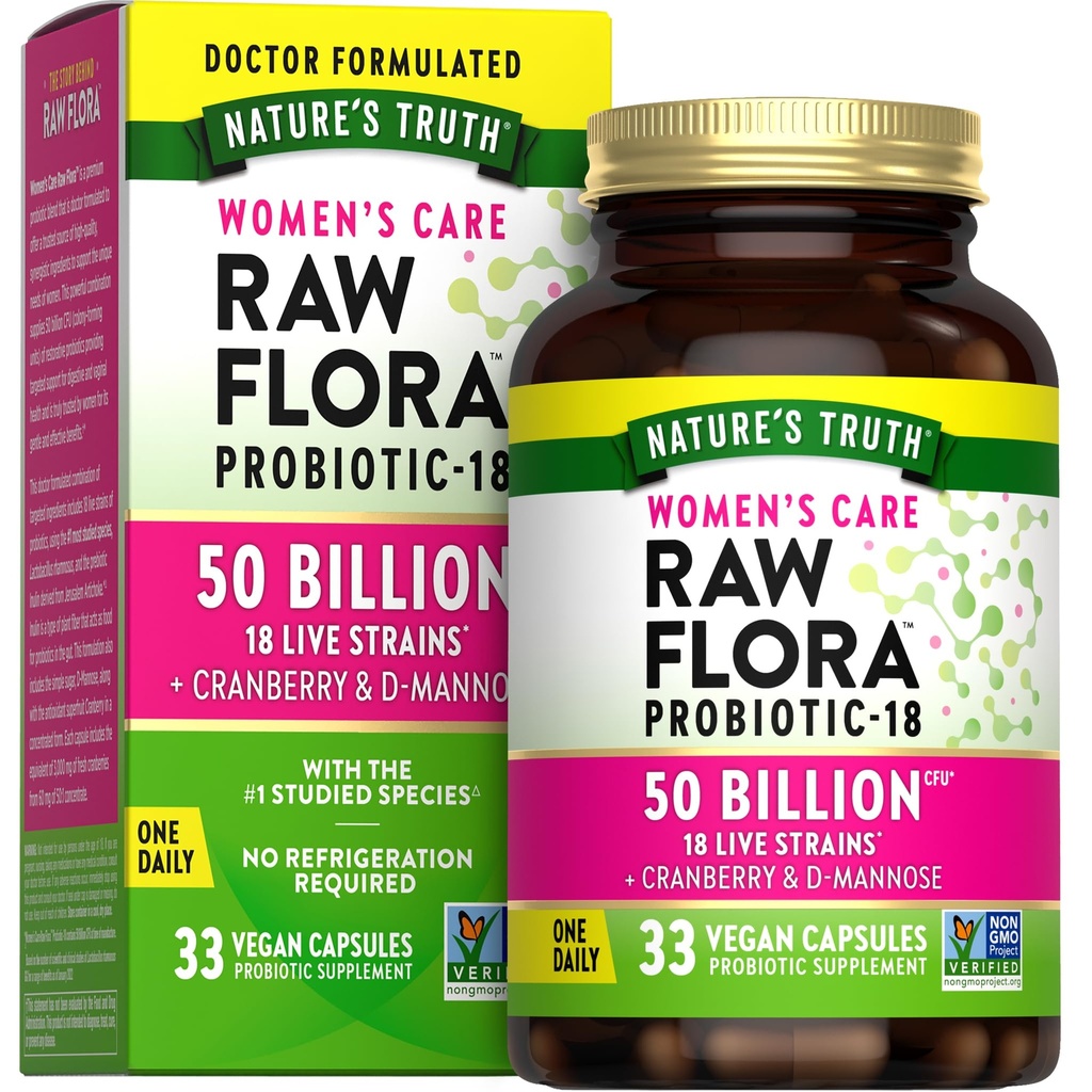 Raw Flora Probiotics for Women | 50 Billion CFU | 33 Capsules | with Cranberry and D-Mannose | Vegan, Non-GMO & Gluten Free Supplement