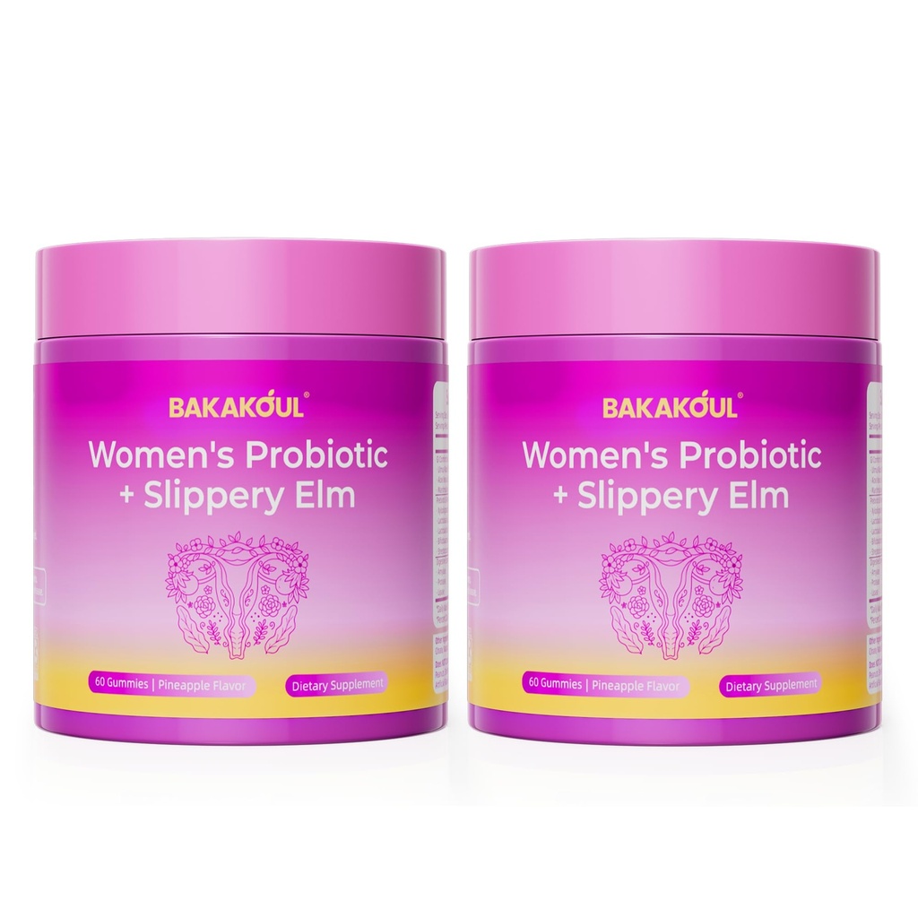 BAKAKOUL Feminine Probiotics Gummies for Women, Vaginal Probiotics with Slippery Elm,Prebiotics & Probiotics Supports pH Balance,Immune Health, Vegan, Non-GMO, Pineapple Flavor,120 Gummies 2 Pack