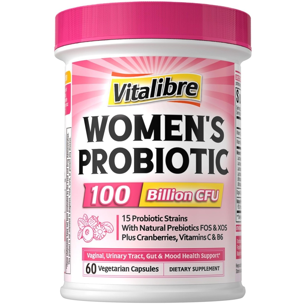 Vitalibre Probiotics for Women 100 Billion CFU 15 Strains, DailyProbiotic & Prebiotic Supplement with Organic Cranberry to SupportVaginal, Digestive, Immune Health, Shelf Stable, 60 Vegan Capsules