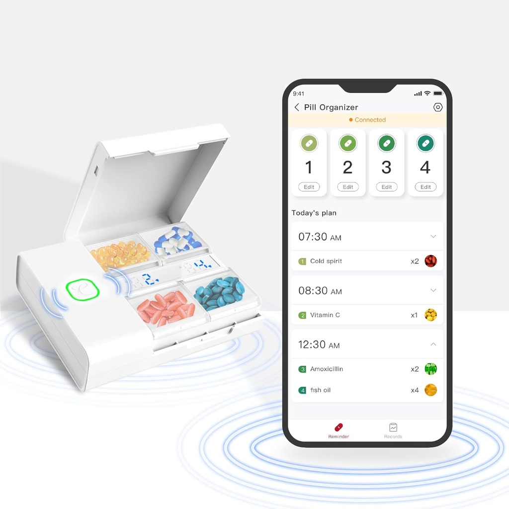 Comfytemp Medicine Box - Smart Medication Organizer with Free App, Σχέδιο χαπιών σε κουτί χαπιών, Υπενθύμιση Συναγερμού, 4 Μεγάλα Διαμερίσματα, Επαναφορτιζόμενο Φορητό κουτί ταξιδιών για ιατρική/βιταμίνες/Συμπληρώματα