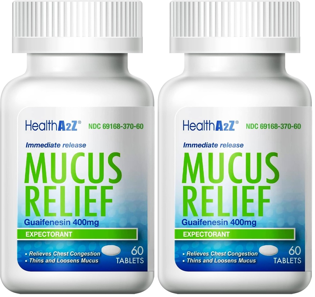 HealthA2Z® Mucus Relief | Guaifenesin 400mg | Immediate Release | No Benzene | Expectorant (60 Counts) (Pack of 2)