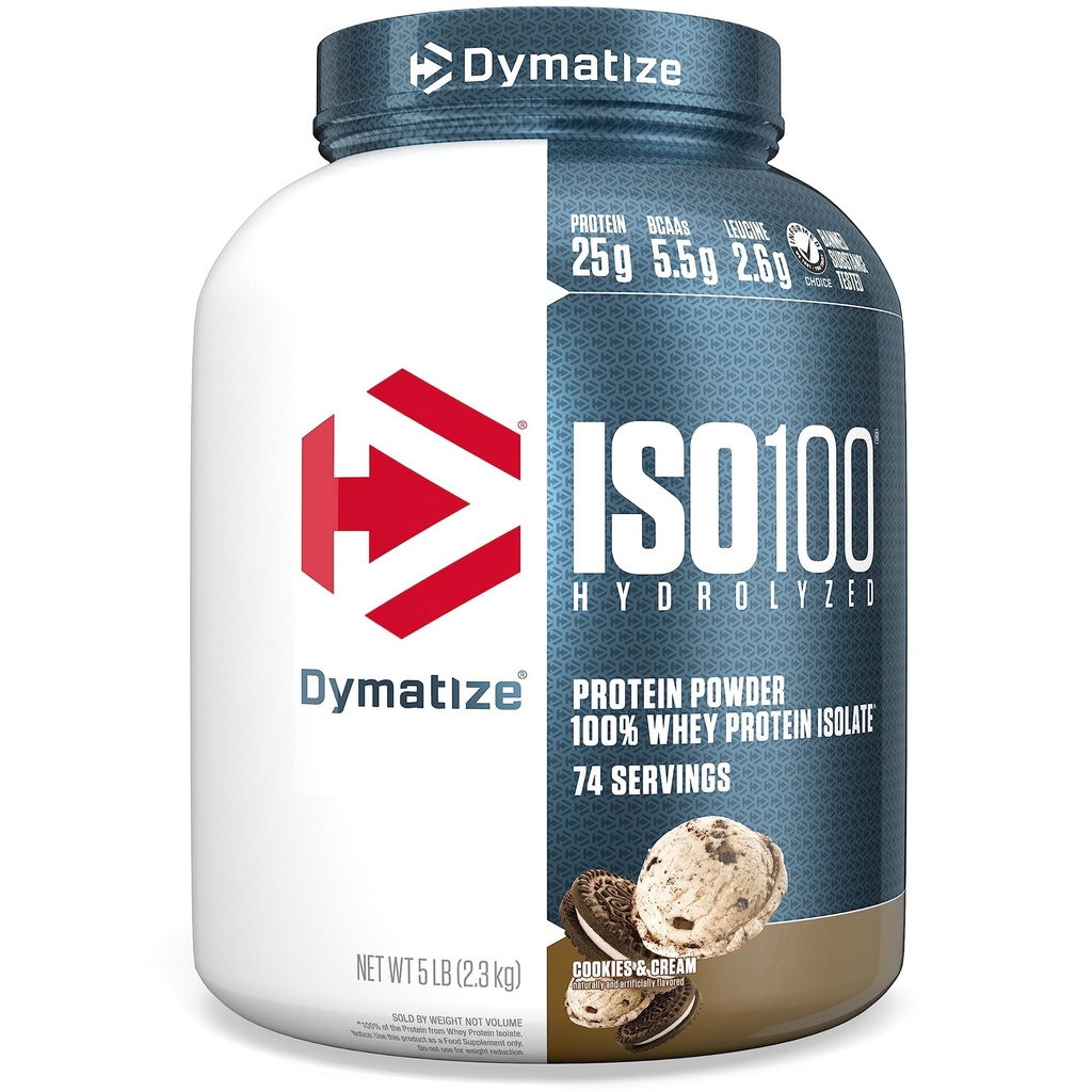 Dymatize ISO100 Whey Protein Powder Isolate, Cookies & Cream, 25g of Protein, 5 Pound, 5.5g BCAAs, Less Than 120 Cal., Gluten Free, 1g Fat, 1g Sugar, 2g Carb (74 Servings)