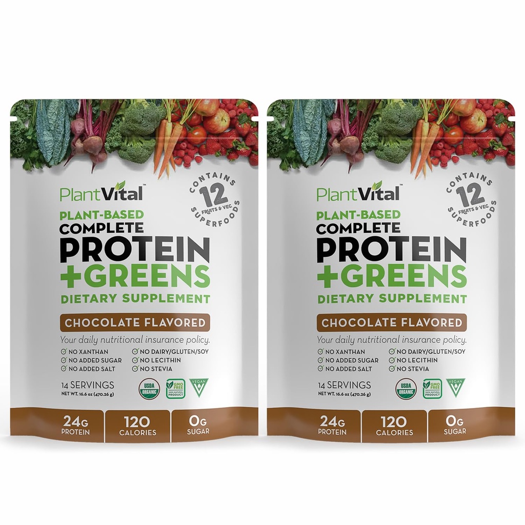 Plantvital Vegan Protein Powder Plant Based, Organic Protein Powder Chocolate 24g/0g Sugar, 12 Superfoods, Veggies, Probiotics, Raw Cocoa, Kale, Beets, Spirulina, Pea, Gluten-Free, Keto Friendly,32oz