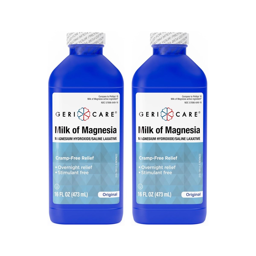 GeriCare Milk of Magnesia, Magnesium Hydroxide 1200mg | Original Flavor | Constipation Relief | Cramp-Free, Saline Laxative |16 Fl Oz (Pack of 2)