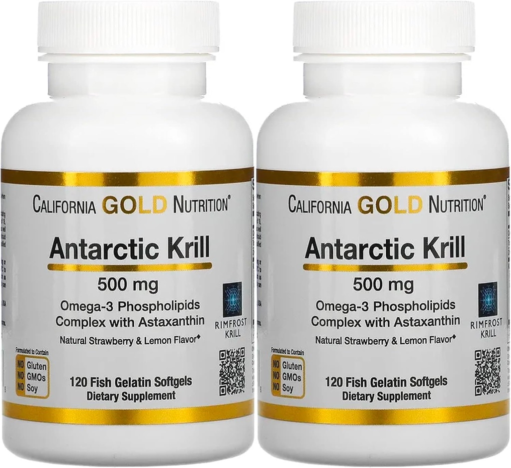 California Gold Nutrition Antarctic Krill Oil, Ultra-High Omega-3 με Ασταξανθίνη, Φυσική Φράουλα & Γεύση Λεμονιών, Μη ΓΤΟ, Χωρίς γλουτένη, 500 mg, 120 ψάρια Ζελατίνη Softgels, 2 συσκευασίες