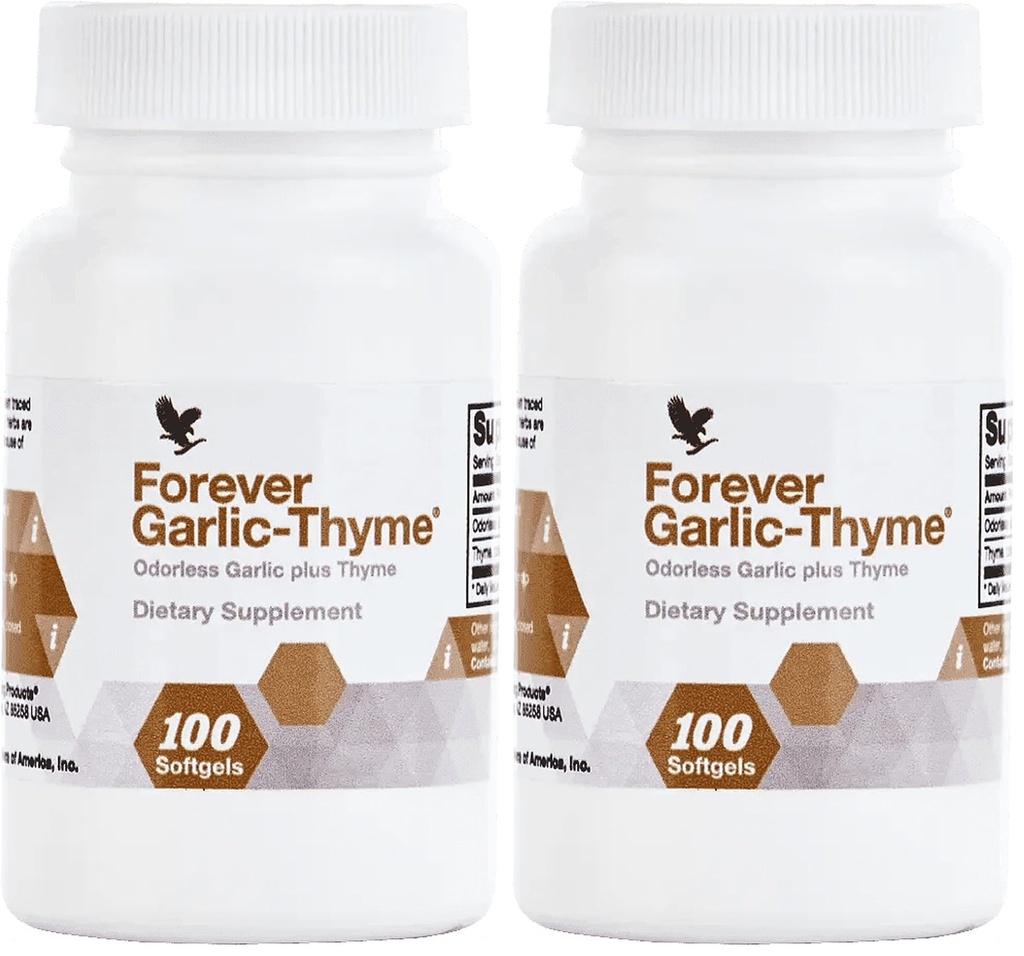 Forever Living - Forever Garlic-Thyme - Cardiovascular & Immune Support with 10mg Garlic Extract & 50mg Thyme Leaf Powder - Odorless Softgel, Gluten-Free - 100 Softgels (Pack of 2)