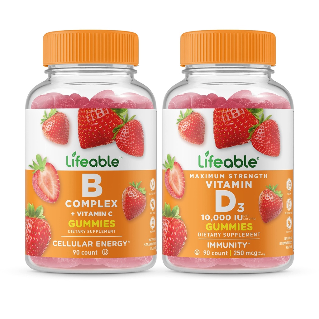 Lifeable B Complex + Vitamin D 10000 IU, Gummies Bundle - Great Tasting, Vitamin Supplement, Gluten Free, GMO Free, Chewable