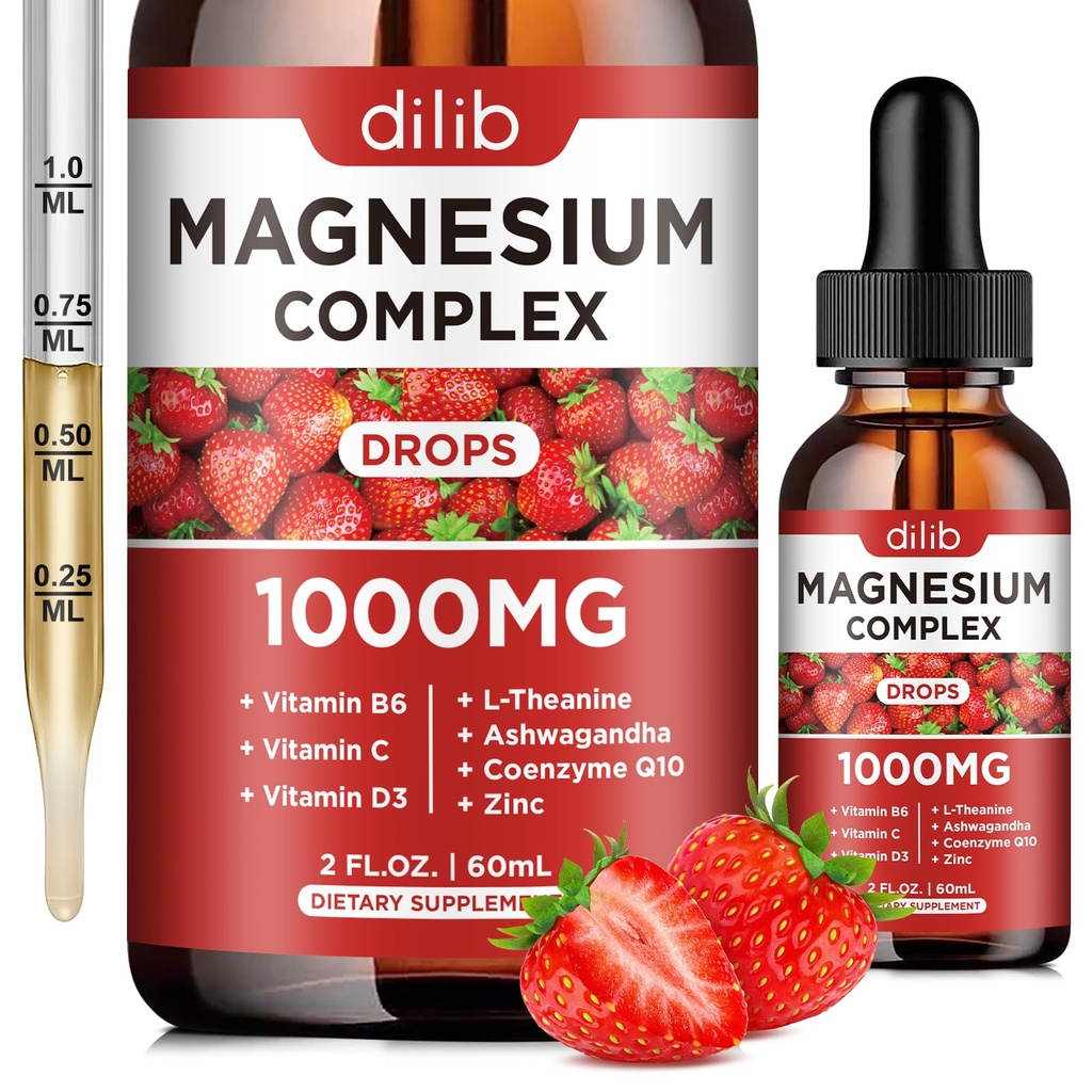Triple Magnesium Complex Supplement, Μαγνήσιο Γλυκινικό, Blend, Κιτρικό Υγρό Σταγόνες 1000mg με Ashwagandha, CoQ10, Βιταμίνη B6, C, D, Ψευδάργυρος - Υποστήριξη Ηρεμία Άγχος Ανακούφιση, Οστών, μυών, Mood Vegan