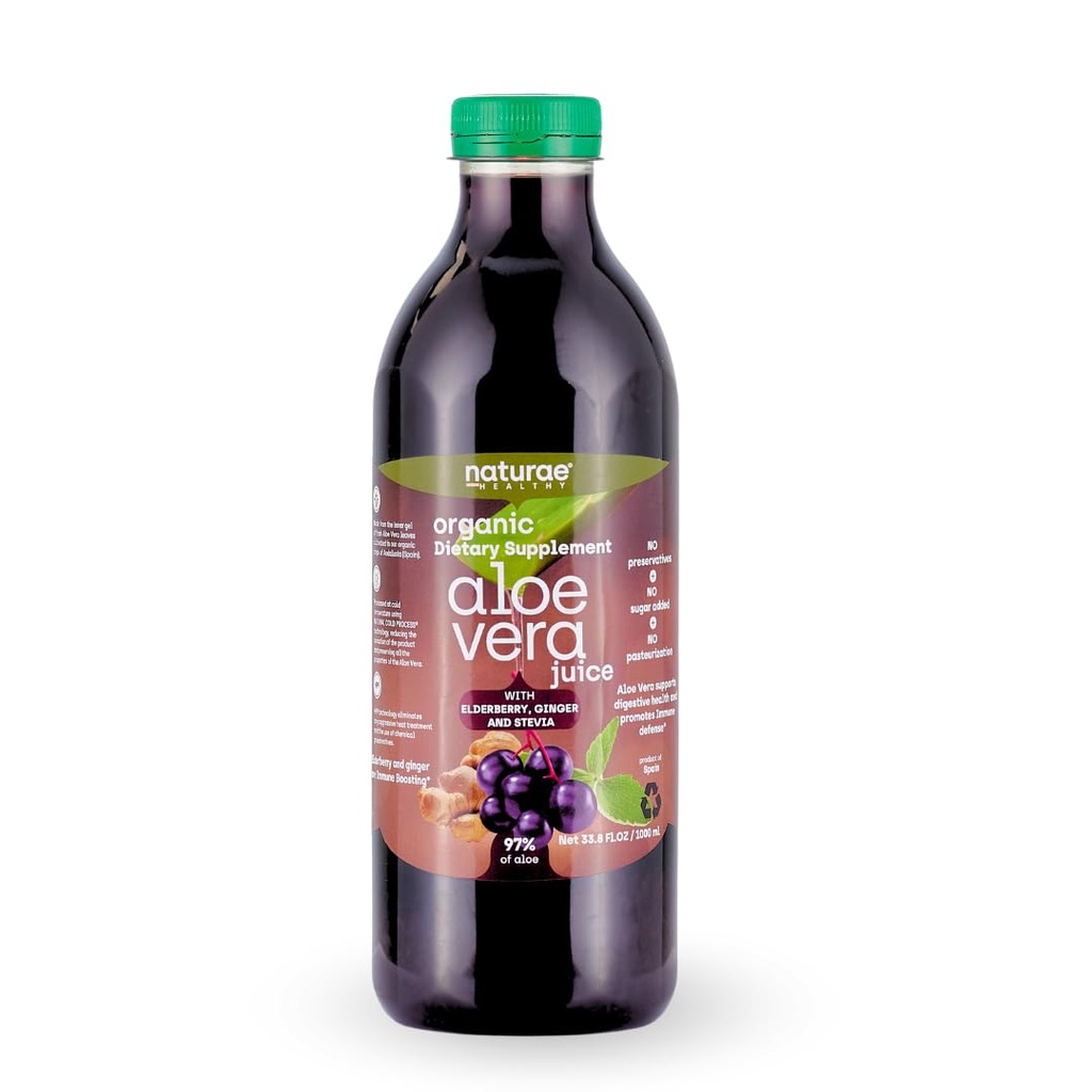 naturae Healthy Aloe Vera Juice – Natural Digestive Health & Immune Support – with Elderberry, Ginger & Stevia – Promotes Stomach Balance & Regularity – 33.8 fl oz