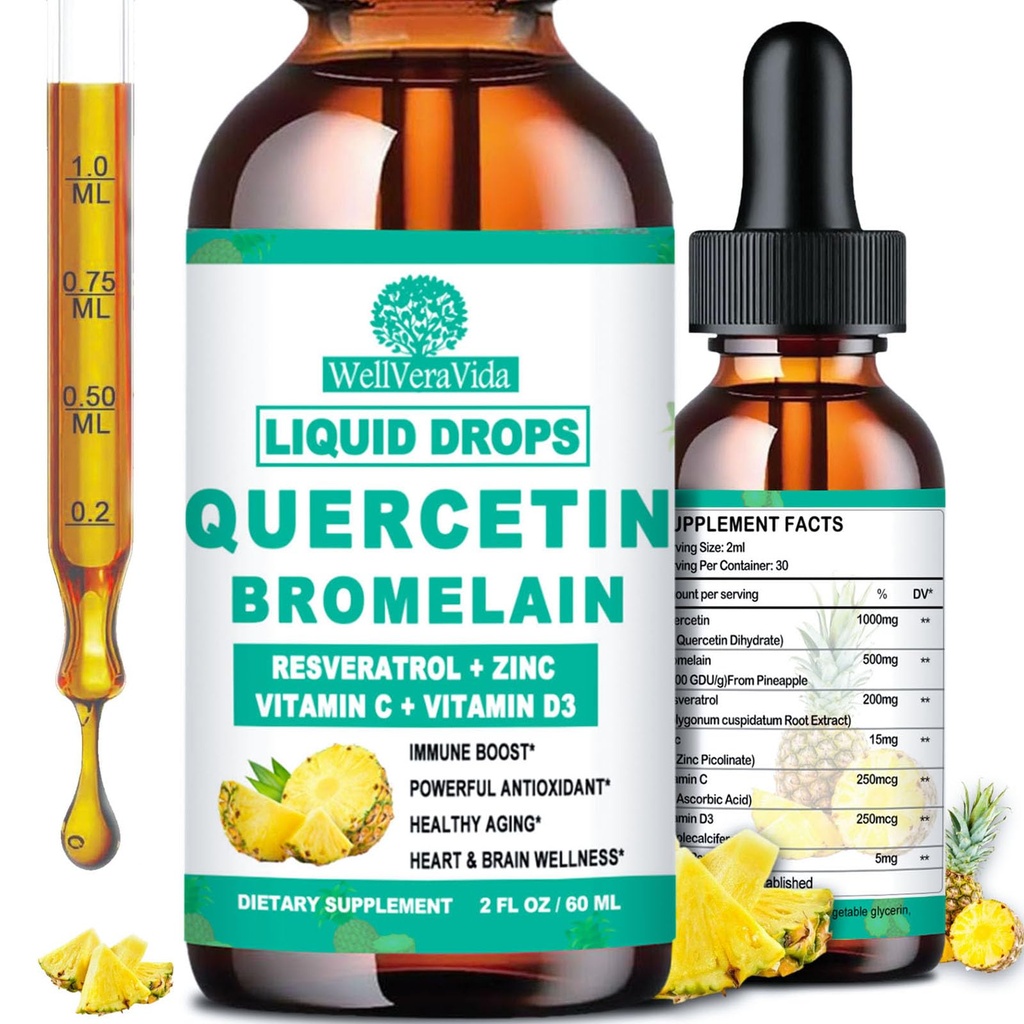 Quercetin με Bromelain Liquid Drops, 4X ισχυρότερη από κάψουλες & χάπια, 7- σε-1 οργανικός ψευδάργυρος Quercetin 1000mg με Bromelain 500mg Βιταμίνη C D3 Ανοσοποιητική υποστήριξη για την αναπνευστική υγεία & αντιοξειδωτικό
