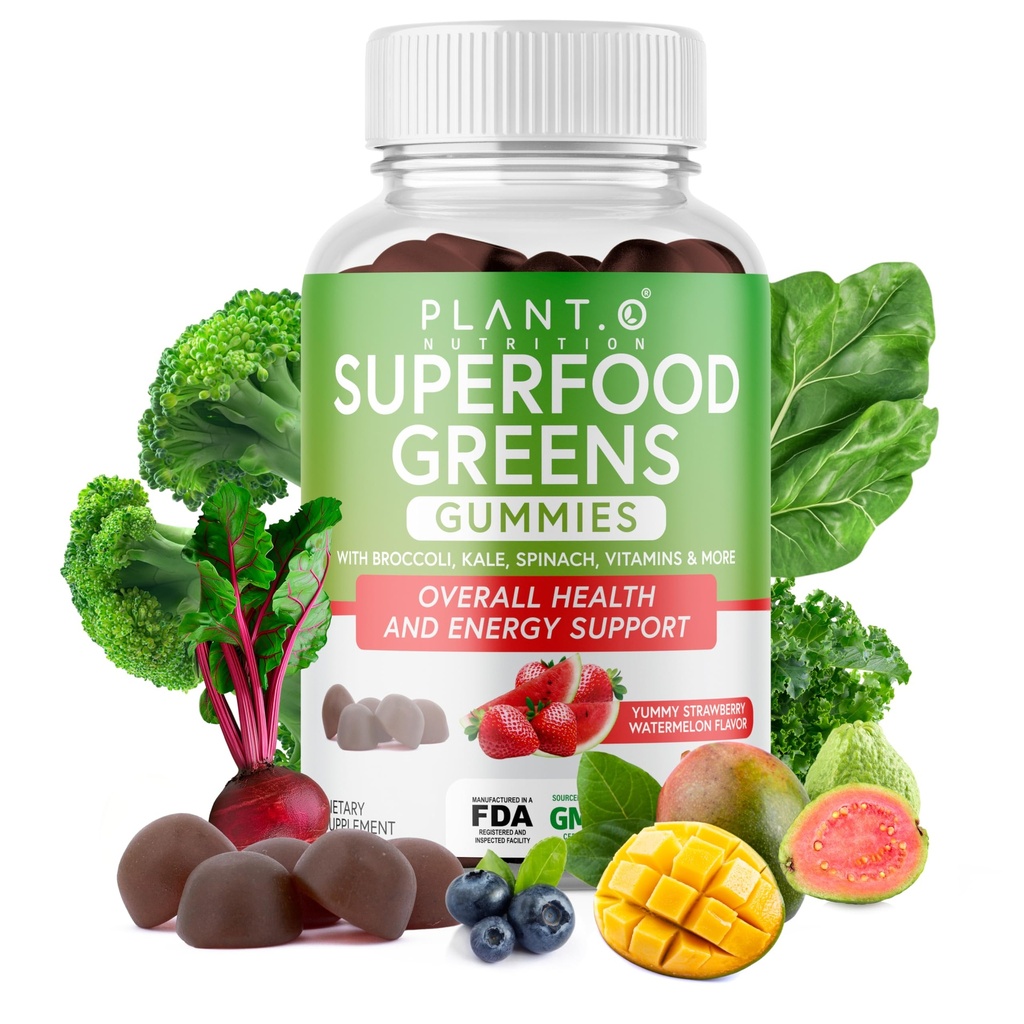 PLANT.O NUTRITION SuperGreens Gummies | Daily Greens Superfood with Fruits, Vegetables & Vitamins to Boost Immunity, Cognitive & Gut Health | Watermelon & Strawberry Flavor | 60 Super Gummies