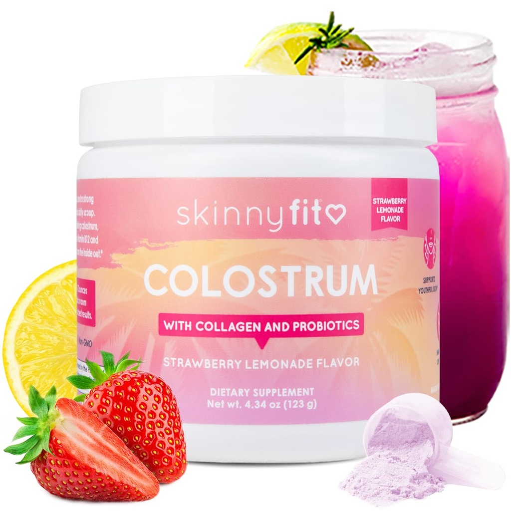 SkinnyFit - Colostrum Powder (Strawberry Lemonade) - Collagen Peptides, Probiotics, Vitamin B12 - Supports Immunity, Skin & Gut Health - Non GMO, Gluten Free, Sugar Free - Beauty, Skin Care, Self Care