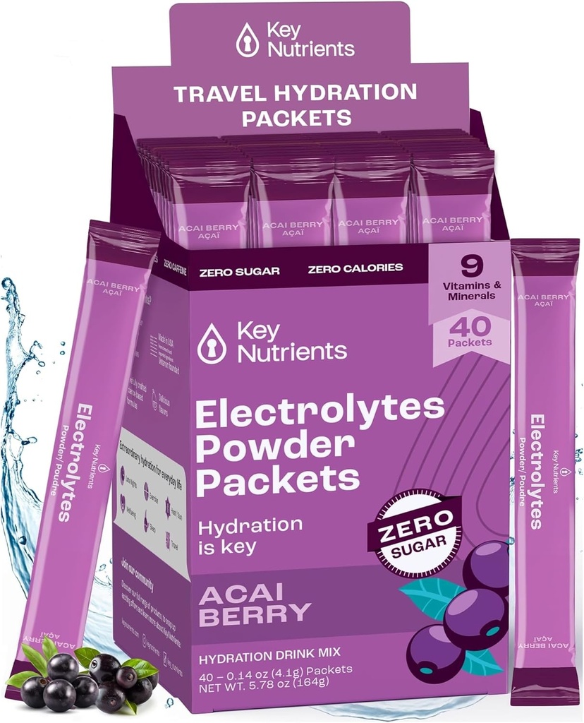 KEY NUTRIENTS Multivitamin Electrolytes Powder Packets - Delicious Acai Berry 40 Pack Hydration Packets - Travel Hydration Powder - No Sugar, No Calories, Gluten Free - Made in USA