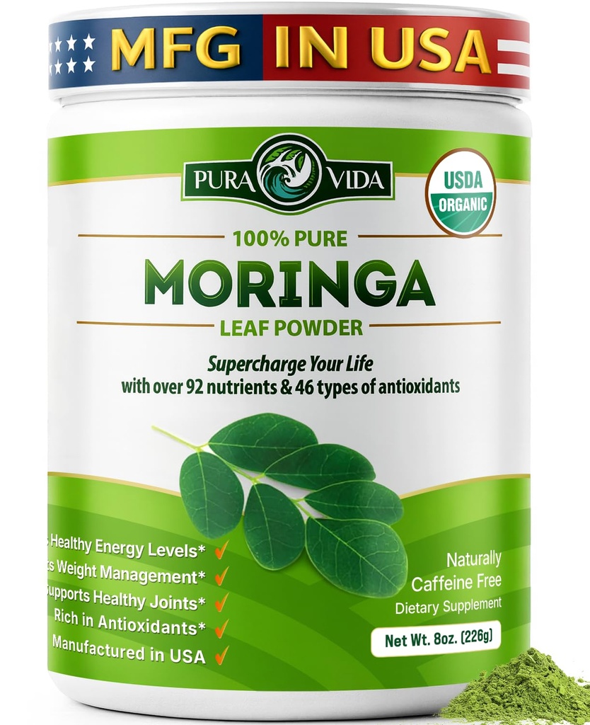 PURA VIDA MORINGA Σκόνη Βιολογική Ενιαία Προέλευση - Premium 100% Leaf Powder, USDA Organic Moringa Oleifera, Moringa Leaf Powder - Ιδανική για Smoothies & Συνταγές. 8 oz.
