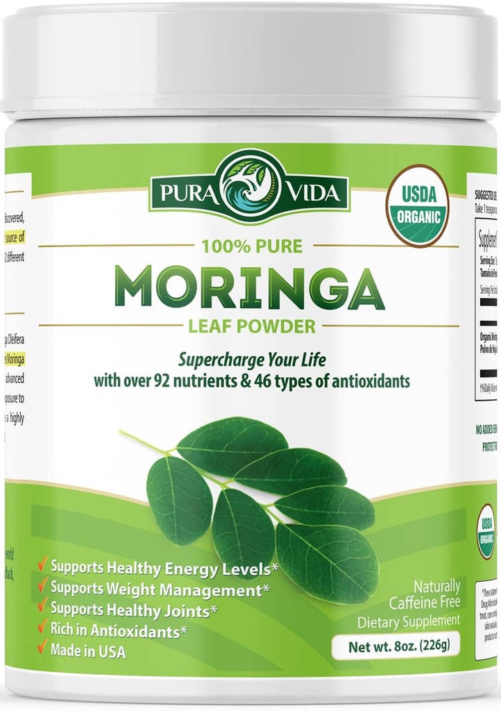 PURA VIDA MORINGA Σκόνη Βιολογική Ενιαία Προέλευση - Premium 100% Leaf Powder, USDA Organic Moringa Oleifera, Moringa Leaf Powder - Ιδανική για Smoothies & Συνταγές. 8 oz.