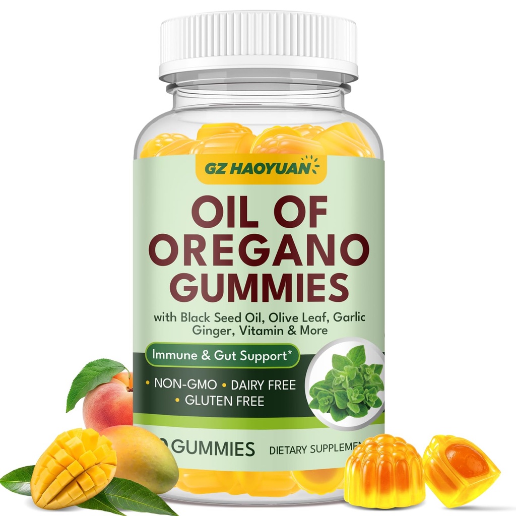 Oil of Oregano Gummies with Black Seed Oil + Vitamin D3, Oregano Oil Organic High Carvacrol, Immune & Digestive Support, Antioxidant Support, Peach & Mango Flavor, 60 Gummies
