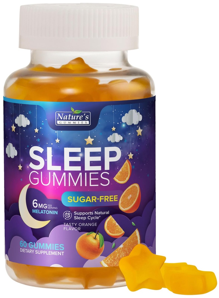 Sleep Gummies for Adults - Sugar Free Melatonin 6 MG Per Serving Gummy Supplement - Natural Zero Sugar Sleeping Gummy for Adults & Kids, Orange Flavored, Extra Strength Sleep Support - 60 Gummies
